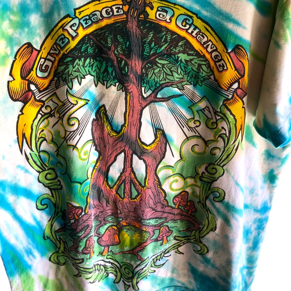 Tie Dye Give Peace a Chance Tshirt. Multicolor Guitar Tree Peace Sign. Large - Picture 4 of 6
